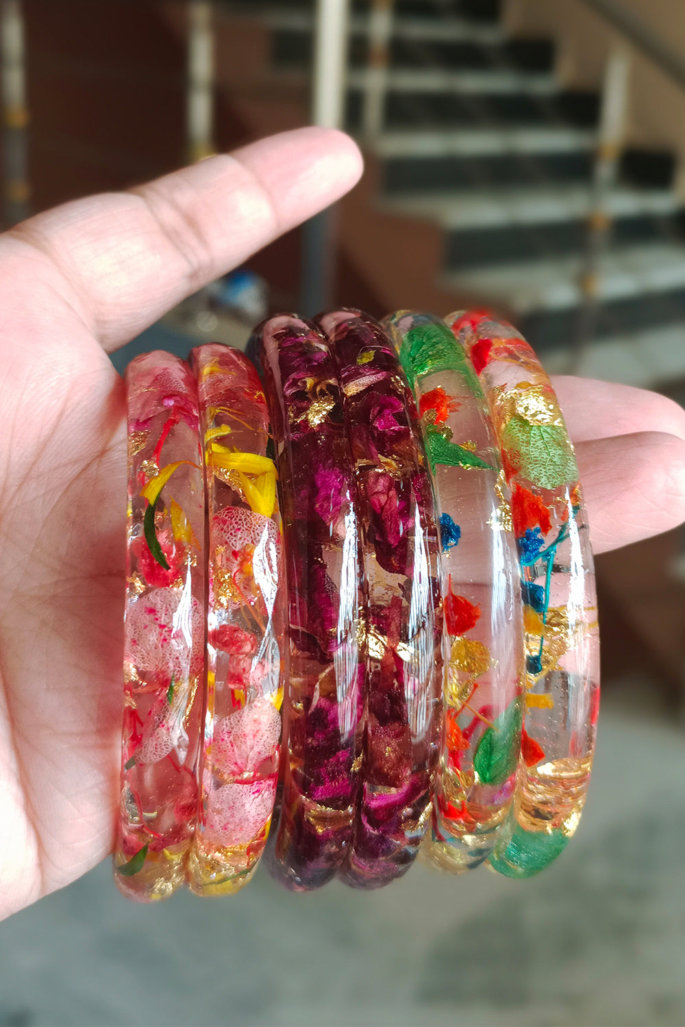 Set of 3 Rose-Peach-Multi Flower Bangles